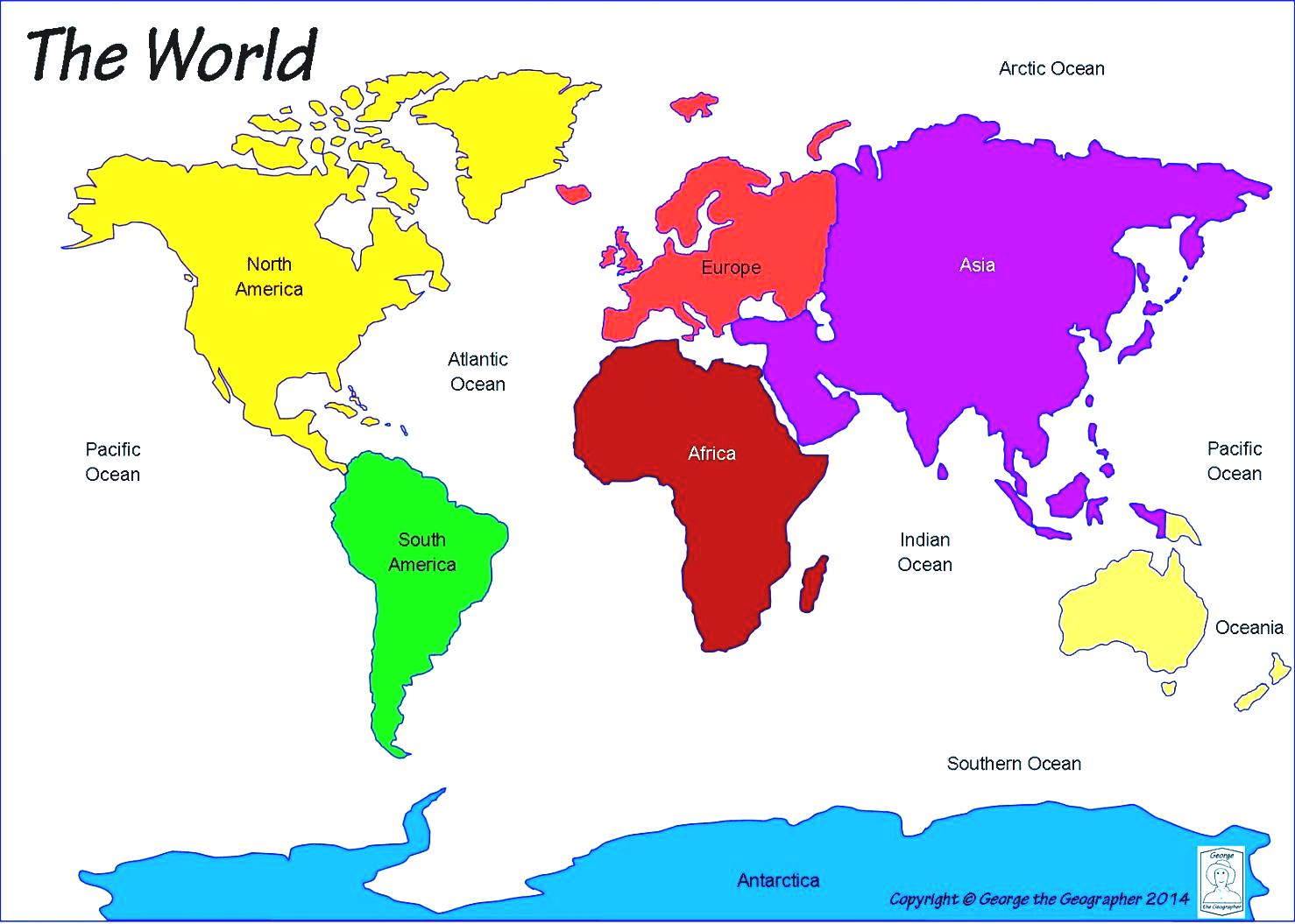 World Map Divided Into Six Continents With Country Names Each Continent
