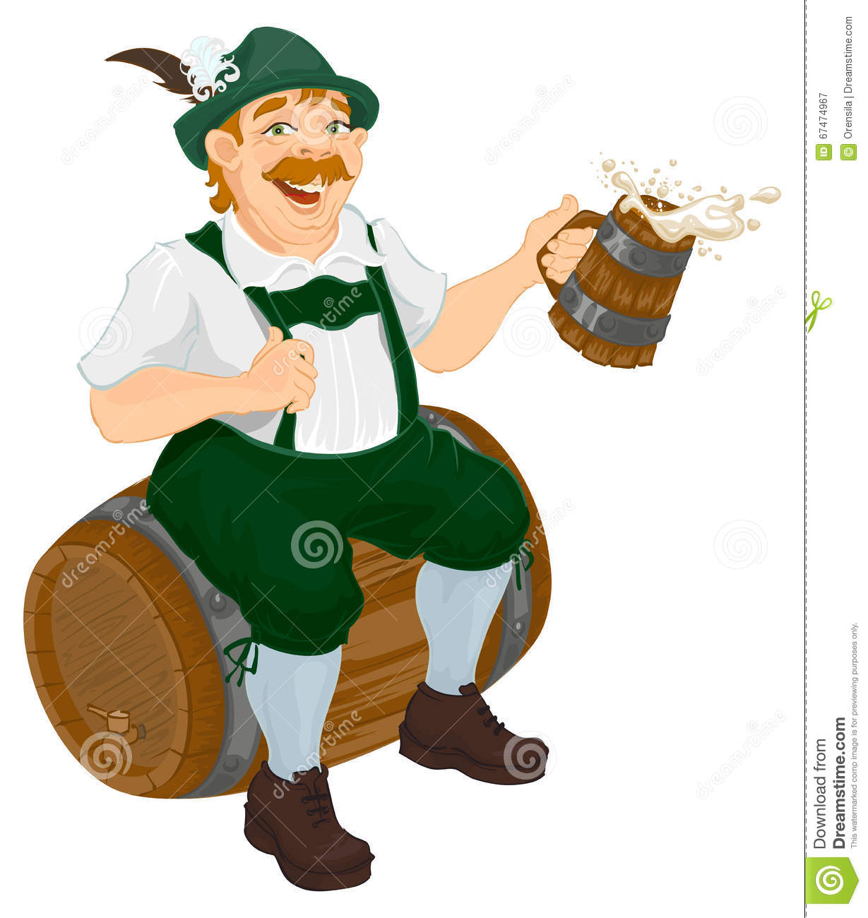 German Man Sits On An Oak Barrel And Holding Wooden Beer Mug. German Man Sits On An Oak Barrel And Holding Wooden Beer Mug.