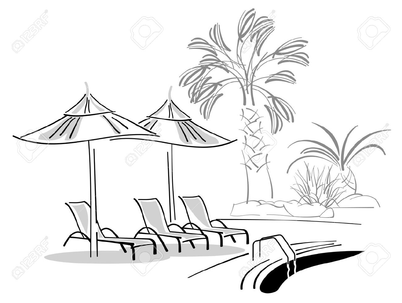 pool chair palm tree black white clipart - Clipground