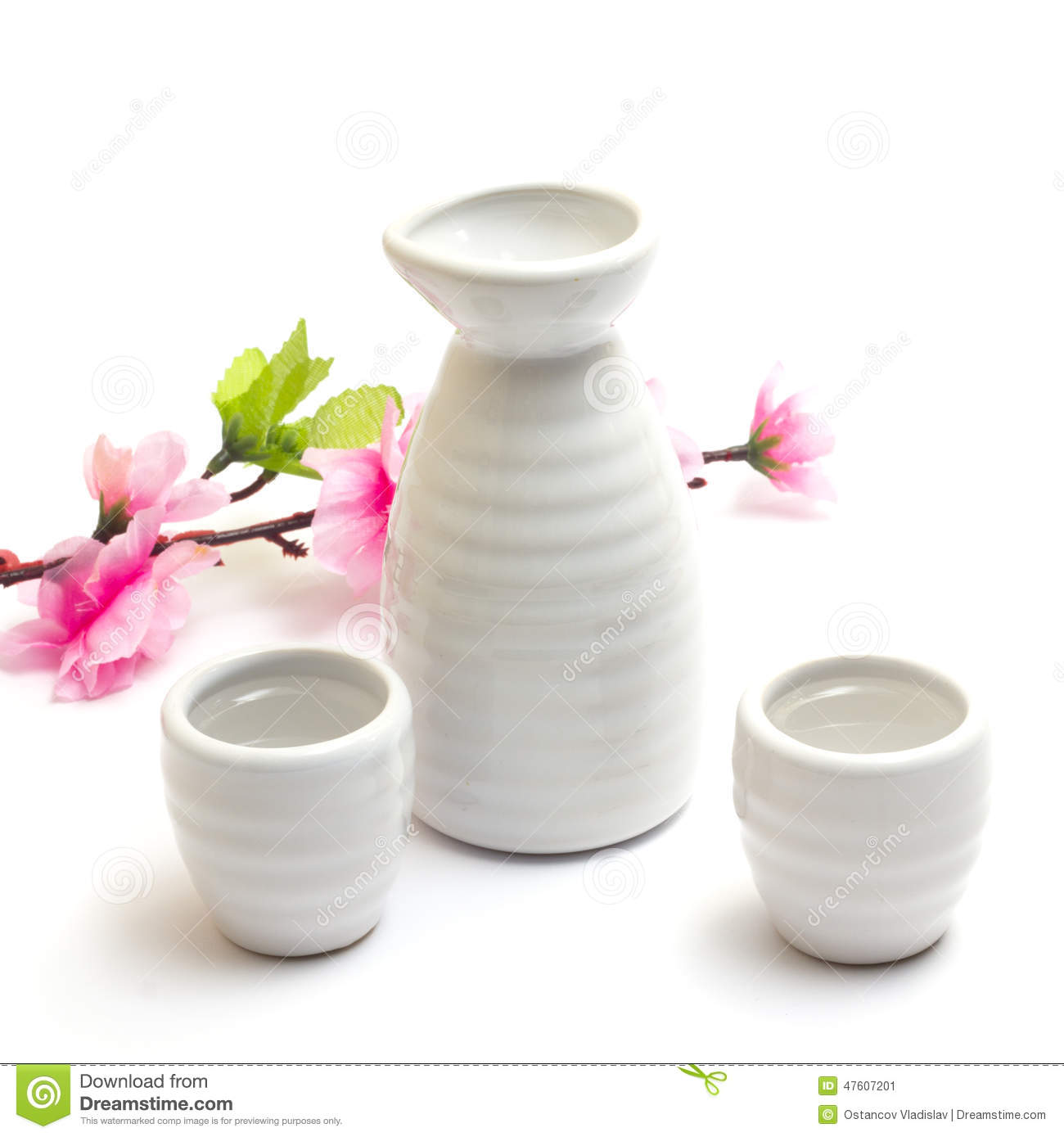 Japanese Traditional Sake Cups And Bottle With Sakura Stock Photo. Japanese Traditional Sake Cups And Bottle With Sakura Stock Photo.