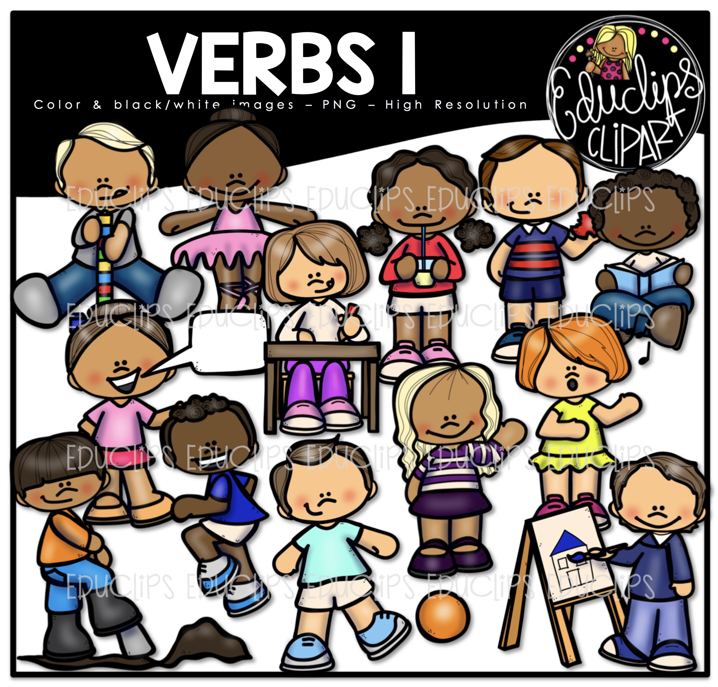 Verbs 1 Clip Art Bundle (Color and B&W).
