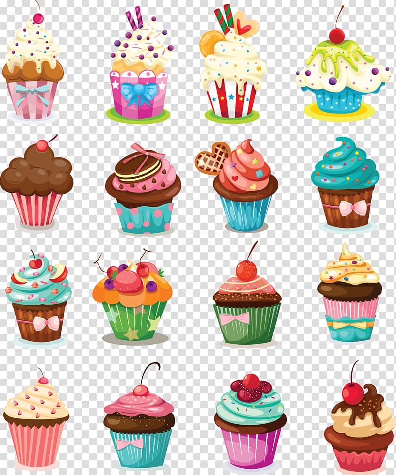 Sixteen cupcake lot illustration, Cupcake Birthday cake.