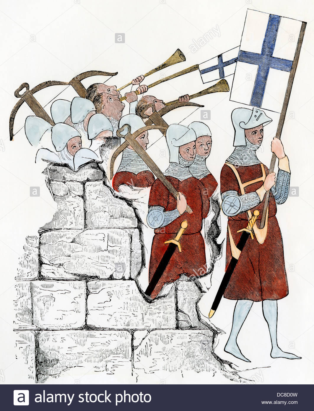 Crossbowmen Marching To Battle, From A Painting In Ghent, 1400s.