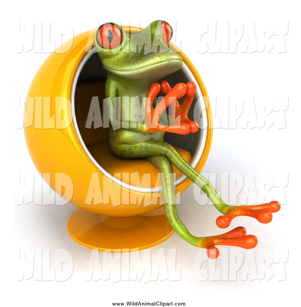 Clip Art of a 3d Green Frog Thinking in a Cocoon Chair by Julos.