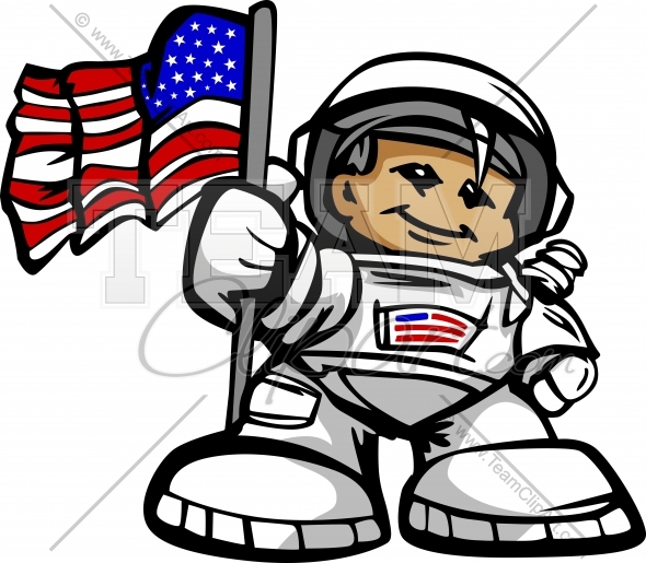 Happy Astronaut Spaceman with American Flag Cartoon Vector.