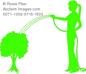 Clipart Illustration of a Silhouette of a Woman Watering a Bush.