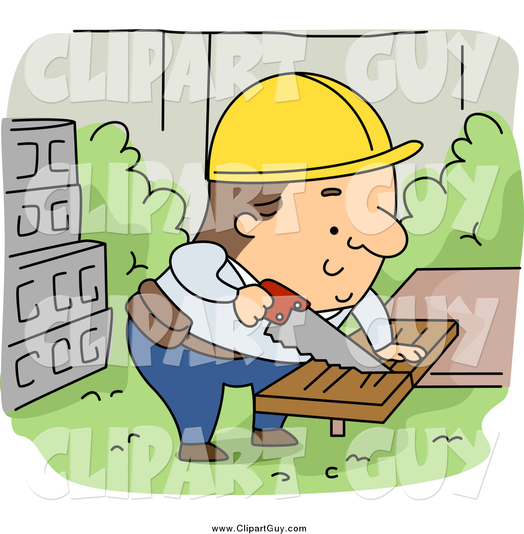 Clip Art of a Caucasian Contractor Builder Sawing Wood by BNP Design.