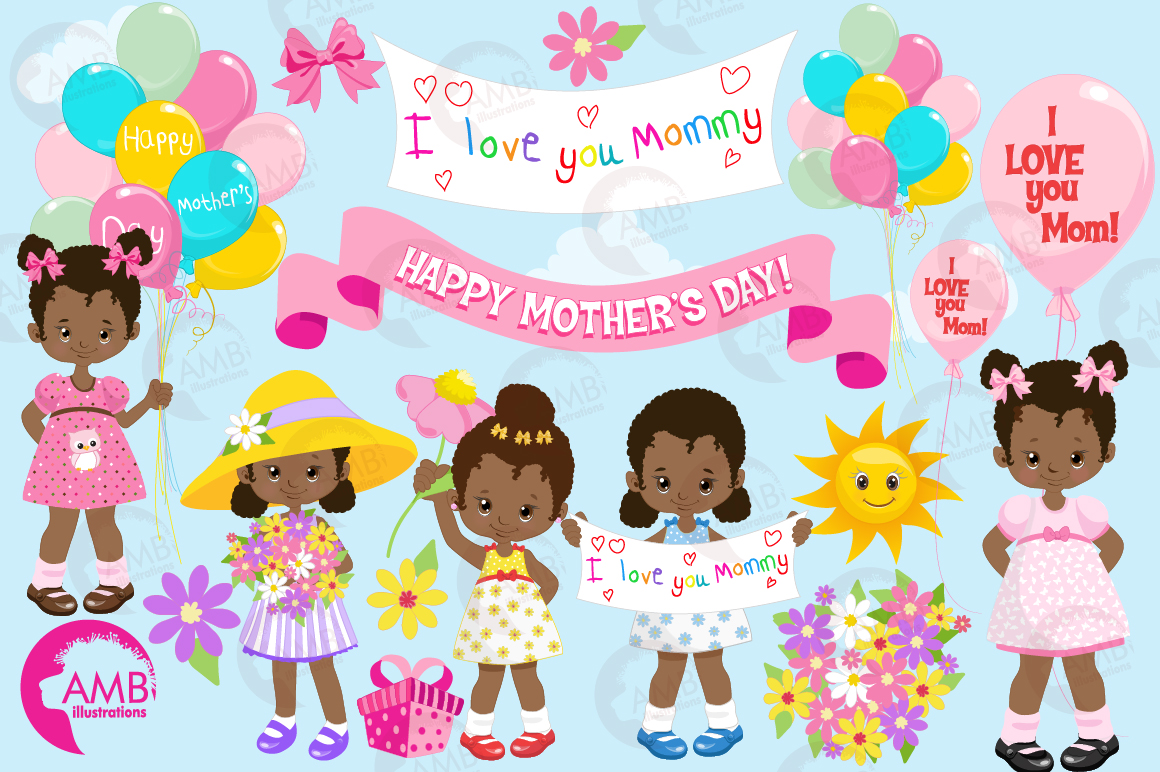 Mothers Day kids, African American girls, graphics, clipart.