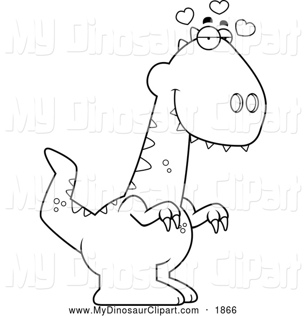 Clipart of a Black and White Outlined Loving Velociraptor Dinosaur.