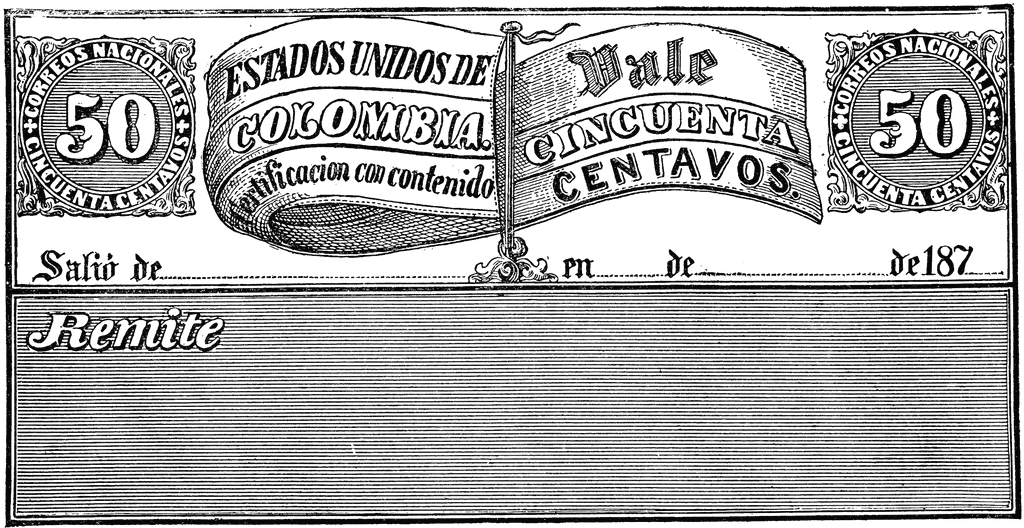 Colombian Republic Cencuenta Centavos Insured Letter Stamp, 1870.