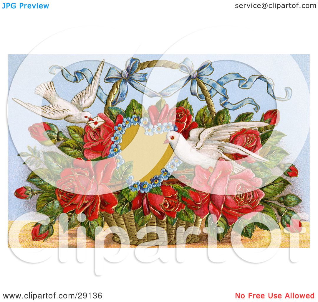 Clipart Picture of a Vintage Valentine Of Two Doves Delivering A.