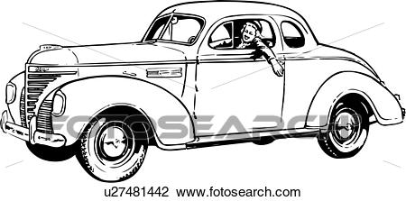 Clipart of illustration, lineart, classic, car, auto, automobile.