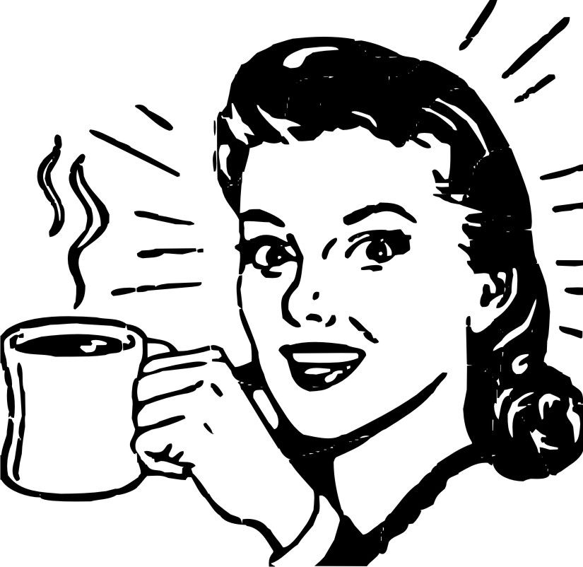 Retro Women vector, drinks coffee.