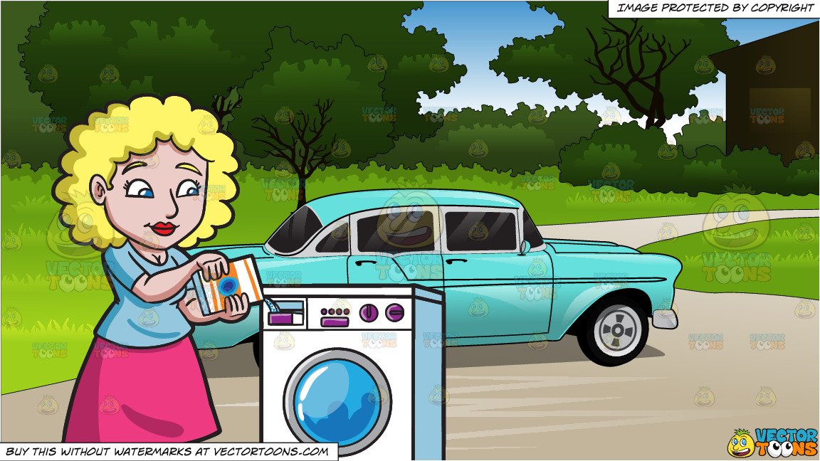 A Woman Placing Some Detergent In The Washer and Blue 1950s Style Car  Background.