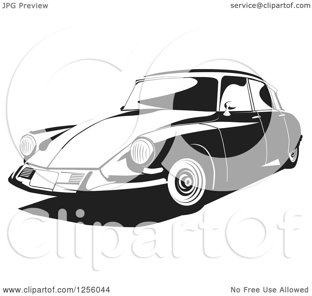 Clipart of a Black and White Citroen 1956 Car.