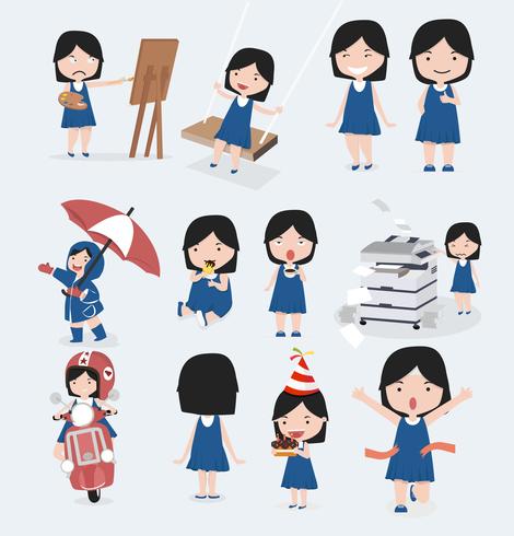 Cute little girl blue dress character set.