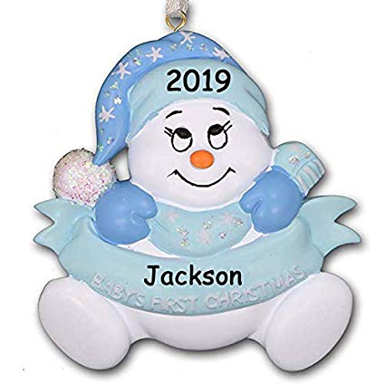 2019 Baby\'s First 1st Christmas Glitter Snowman with Santa Claus Stocking  Hat and Mittens Hanging Christmas Ornament in Blue for Baby Boy with Free.