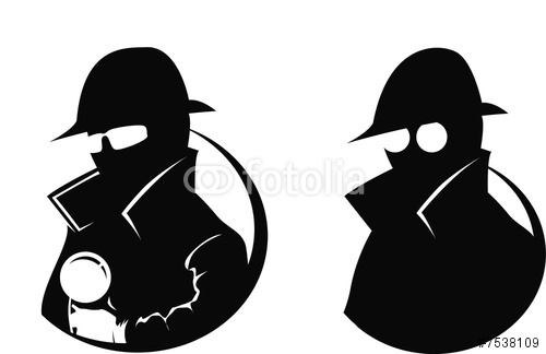 Silhouette of 2 detectives, one with magnifying glass Stock.