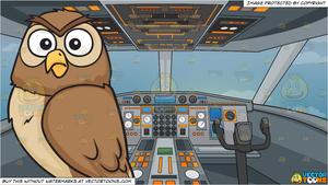 A shocked night owl and Airplane Cockpit Background.