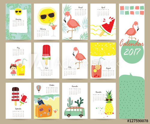 Colorful cute monthly calendar 2017 with Flamingo,ice cream.