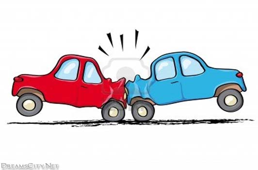 Clipart of car accident on 2 lane road with traffic.