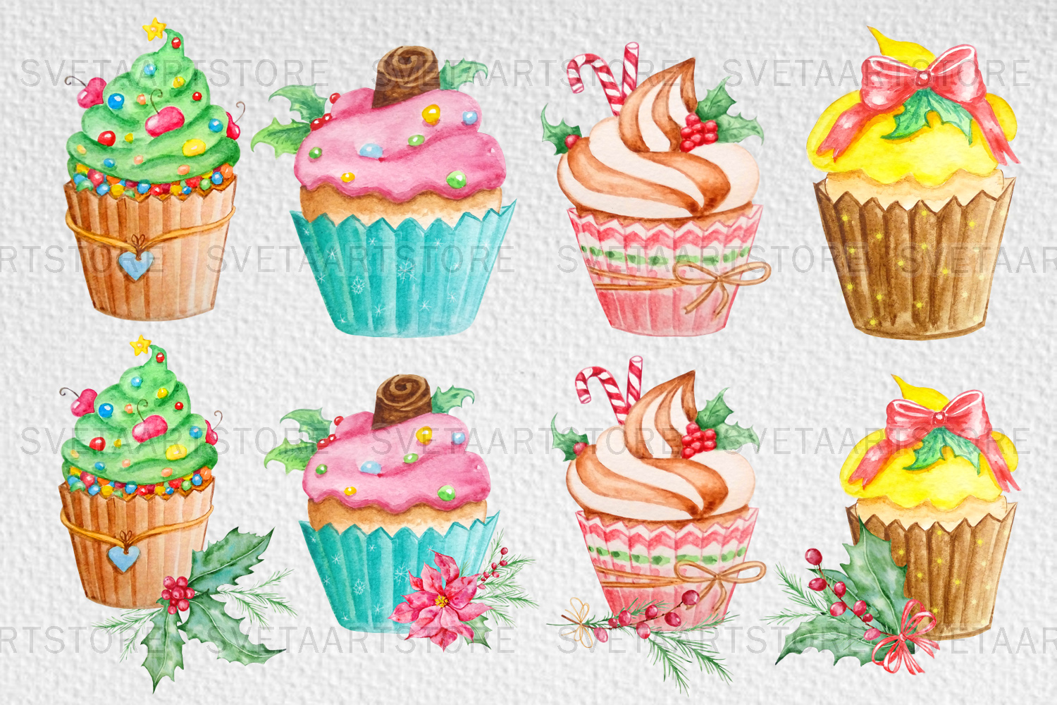 Christmas cupcakes clipart, watercolor cake.