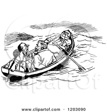Clipart of a Vintage Black and White Boat with Four Men.