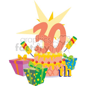 number 30 on top of a birthday cake with presents around it clipart.  Royalty.