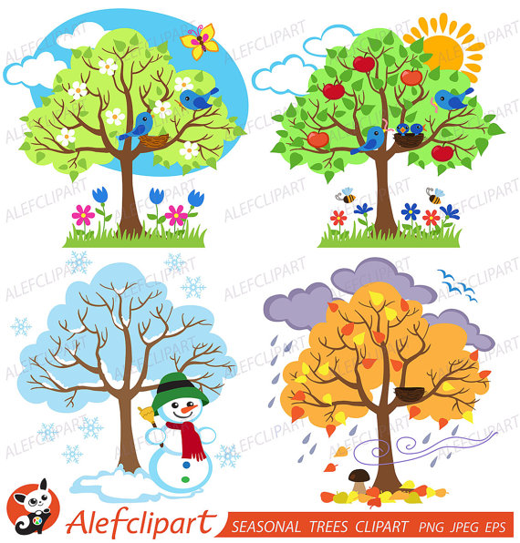 Four Seasons Trees Clipart Seasonal Trees and Birds Clipart.