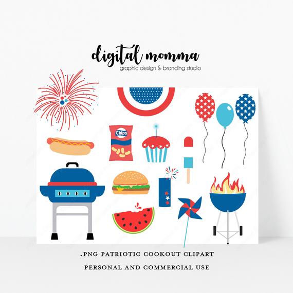 Patriotic Cookout Clipart Set, July 4th Cookout, Barbque Clipart, .PNG,  Instant Download!.