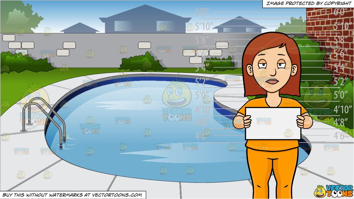 A Woman Stands In Front Of A Height Chart For A Mug Shot and Backyard  Swimming Pool Background.