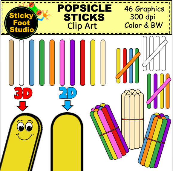 Popsicle Sticks Clip Art Set (46 Color and BW Images).