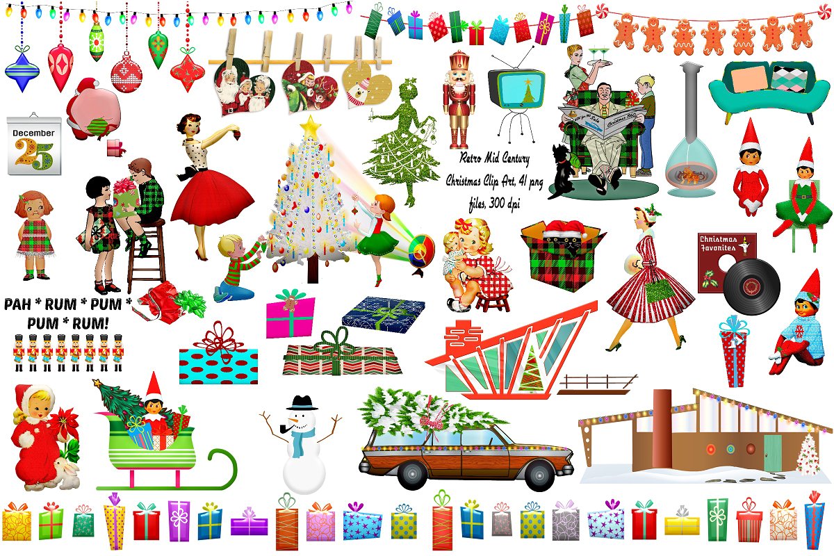 Mid Century Retro Christmas Clip Art.