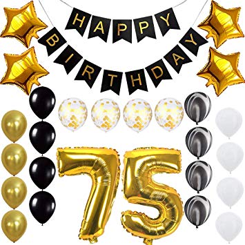 Happy 75th Birthday Banner Balloons Set for 75 Years Old Birthday Party  Decoration Supplies Gold Black.