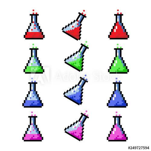 Set of potion bottles phial vial, pixel art style. Pixel.