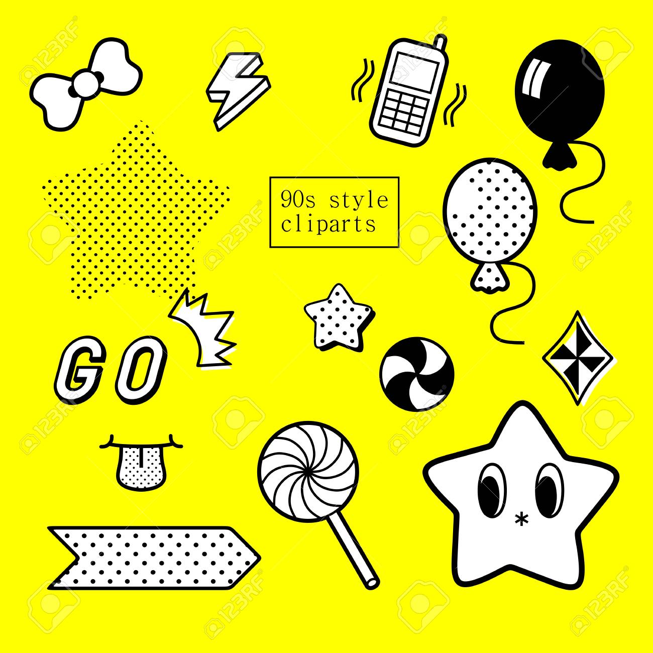 90's Design Inspired Decorative Clipart Set In Black And White.