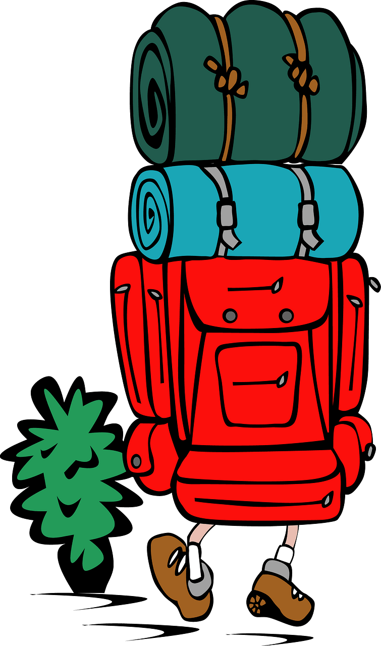 Hiker with a big backpack clipart. Free download..