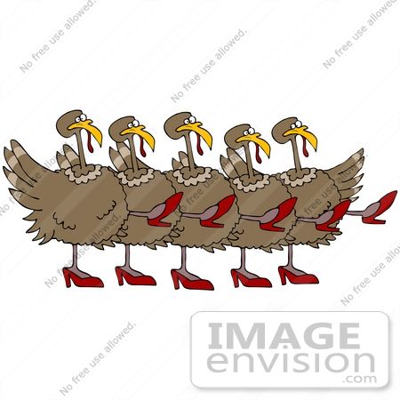 Clip Art Graphic of a Chorus Line Of Dancing Turkey Birds.