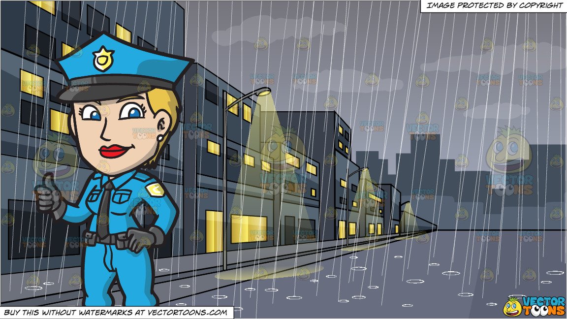 A Female Police Officer Giving Her Approval and A Rainy Day In The City  Background.