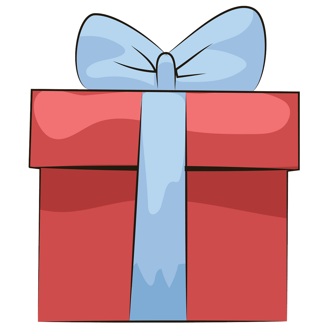 Red gift box with blue ribbon clipart. Free download.