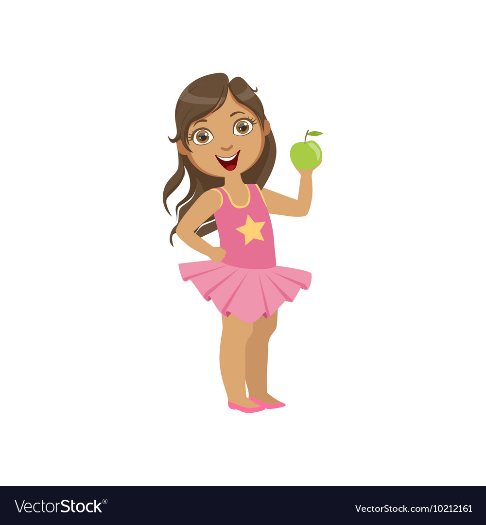 Girl Holding Green Apple Healthy Snack For Teeth.