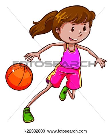 Clipart of A simple coloured sketch of a girl playing basketball.