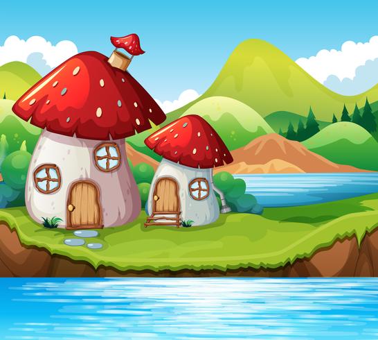 Mushroom home by a lake.