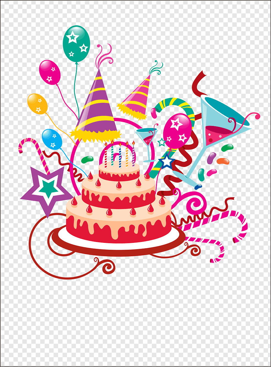 Birthday cake, balloons, and horn lot illustration, Birthday.