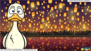 A Sad Duck and Flying Paper Lanterns At Diwali Festival Background.