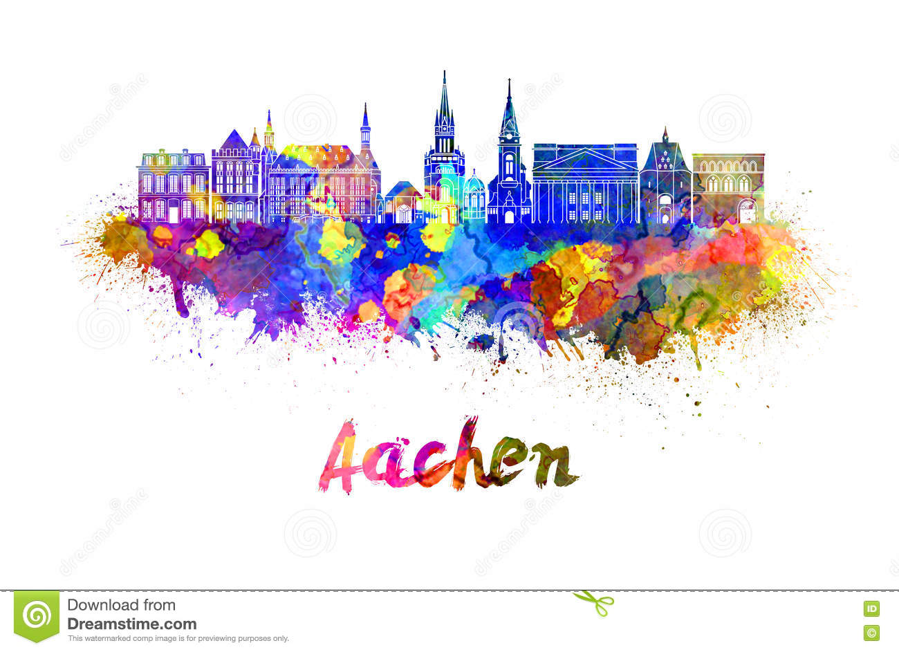 Aachen Skyline In Watercolor Stock Illustration.