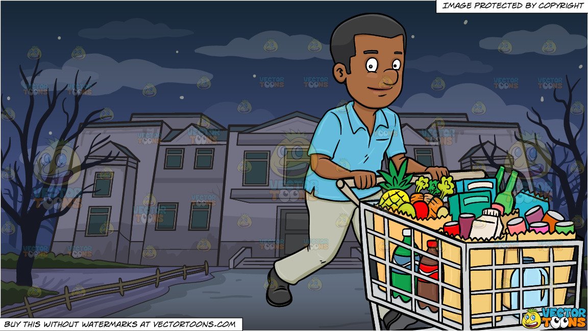 A Black Man Smiles After Checking Out Of A Supermarket With His Grocery  Items and A Creepy Abandoned Mansion Background.