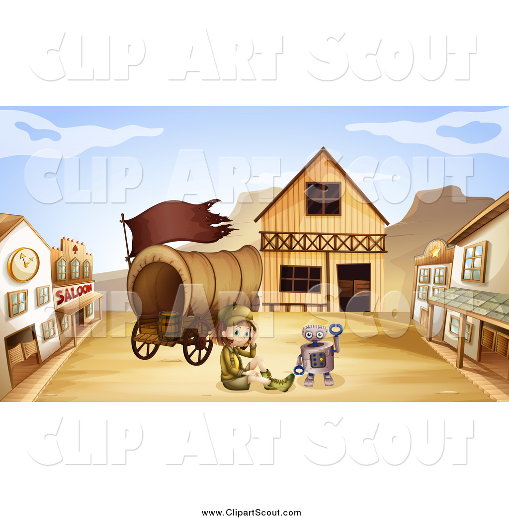 Clipart of a Robot and Scout Girl with a Wagon in a Ghost.