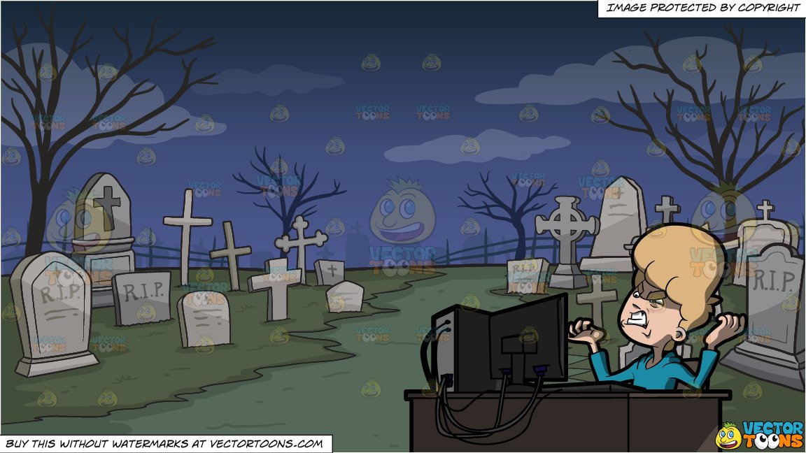 A Man Outraged By The Information He Got Over The Internet and A Graveyard  Background.