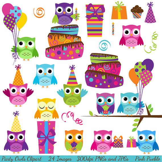 Party Owls Clipart Clip Art, Birthday Owls Clipart Clip Art.